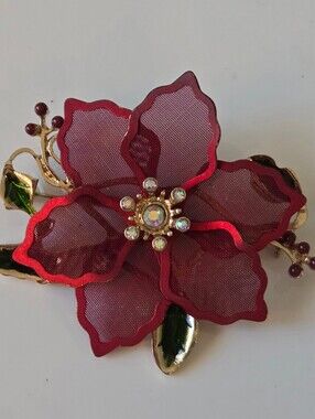 KENNETH COLE Red Floral Brooch with Rhinestone Center
